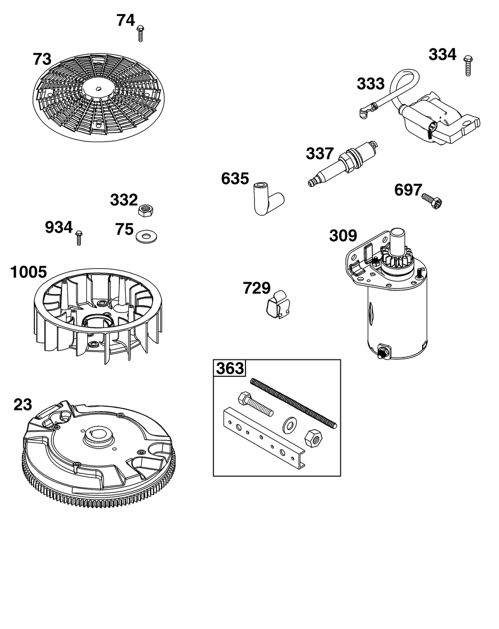 Flywheel, Ignition, And Starter Group Diagram and Parts List for 44N677-0062-B5 400000 - 699999 Briggs and Stratton Engine